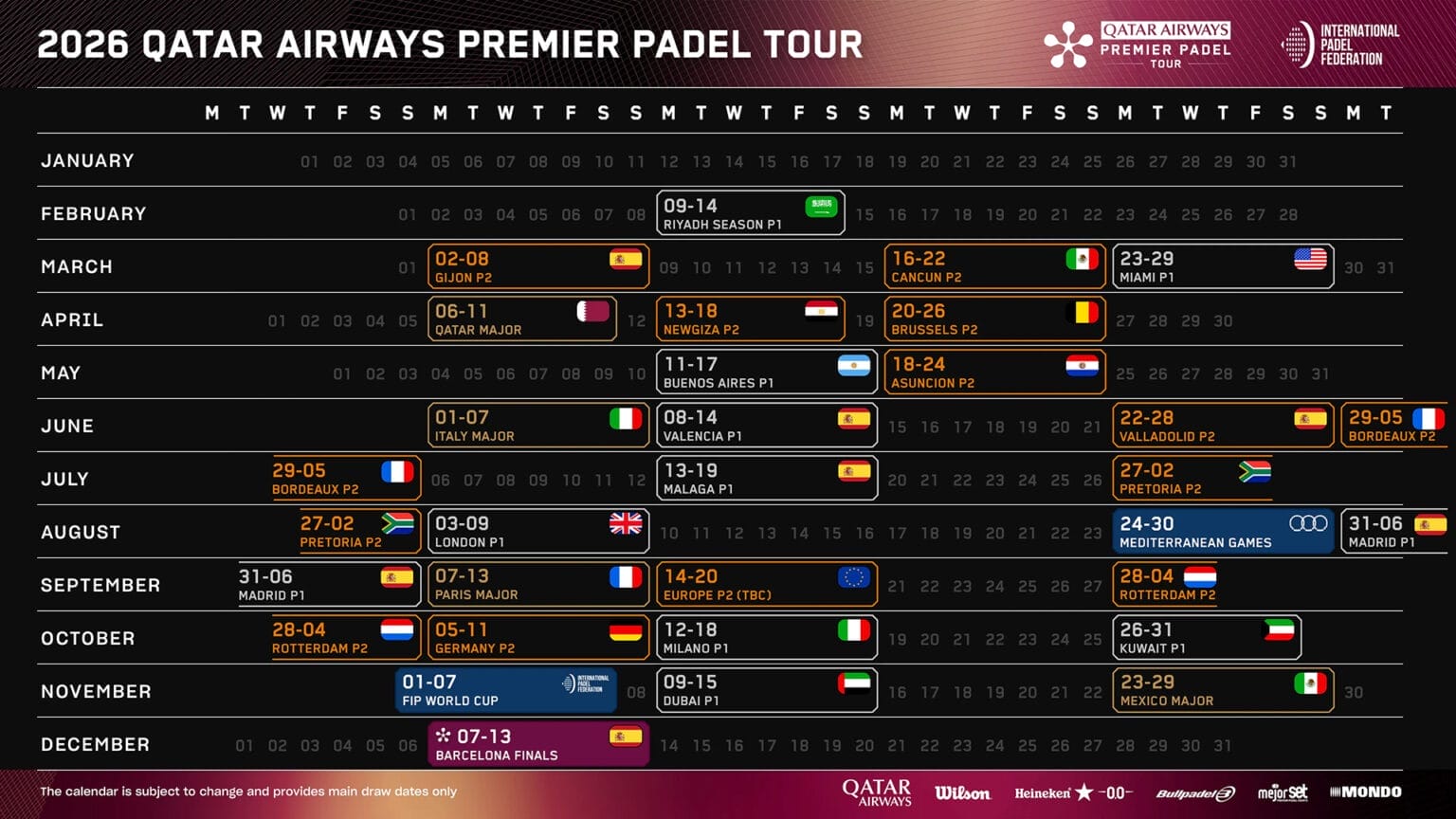 calendrier 2026 premier padel